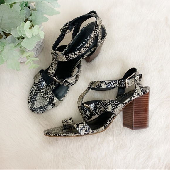 [Marc Fisher] Black Snake Animal Print Strappy Block Heel Sandals - Picture 1 of 11